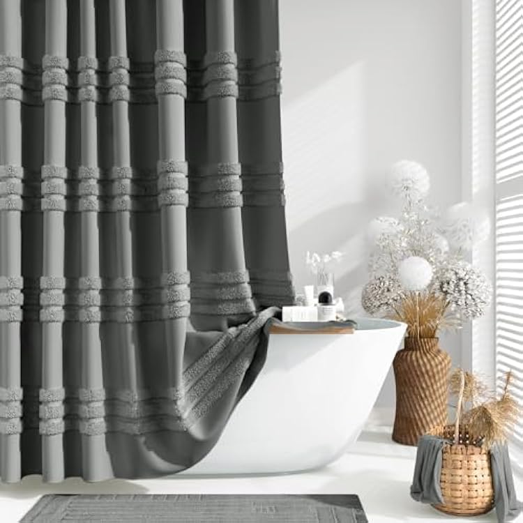 Dynamene Charcoal Grey Fabric Shower Curtain, Tufted Chenille Striped Cloth Shower Curtain for Bathroom, Modern Farmhouse Shabby Chic Waterproof Shower Curtain Set with Hook, Machine Washable, 72x72