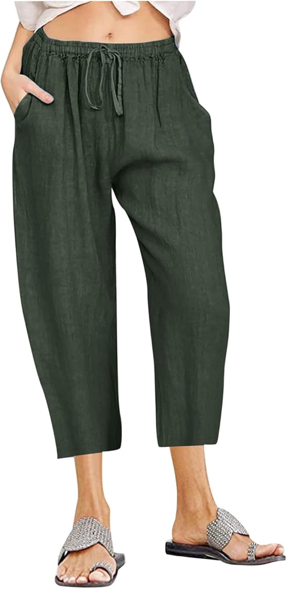 LRMQS Beach Pants Capri Length for Women 2026 Spring Summer Linen Capris Drawstring Elastic Waist Trendy Cropped Trousers