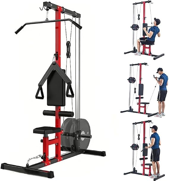 LAT Pull Down Machine for Home Gym, Floor-Standing Cable Machine with Adjustable Seat & Knee Support, Back Workout Machine with High & Low Pulley, 500LB Weight Capacity - Black