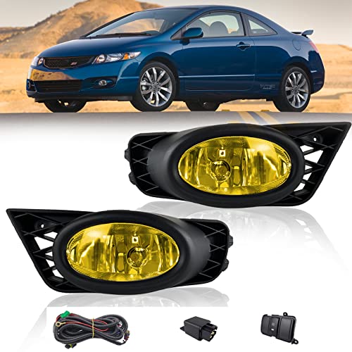 Fog Lights Assembly Replacement for 2009 2010 2011 Honda Civic Sedan, Front Bumper Driving Fog Lamps with Wire Harness for Passenger and Driver Side Amber Lens