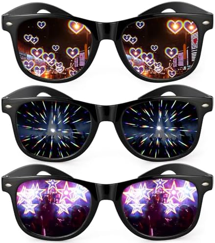 Hifot 3PCS Diffraction Glasses, 3D Prism Rainbow Heart Star Effect Light Refraction Rave Glasses for Bar Concert EDM Party