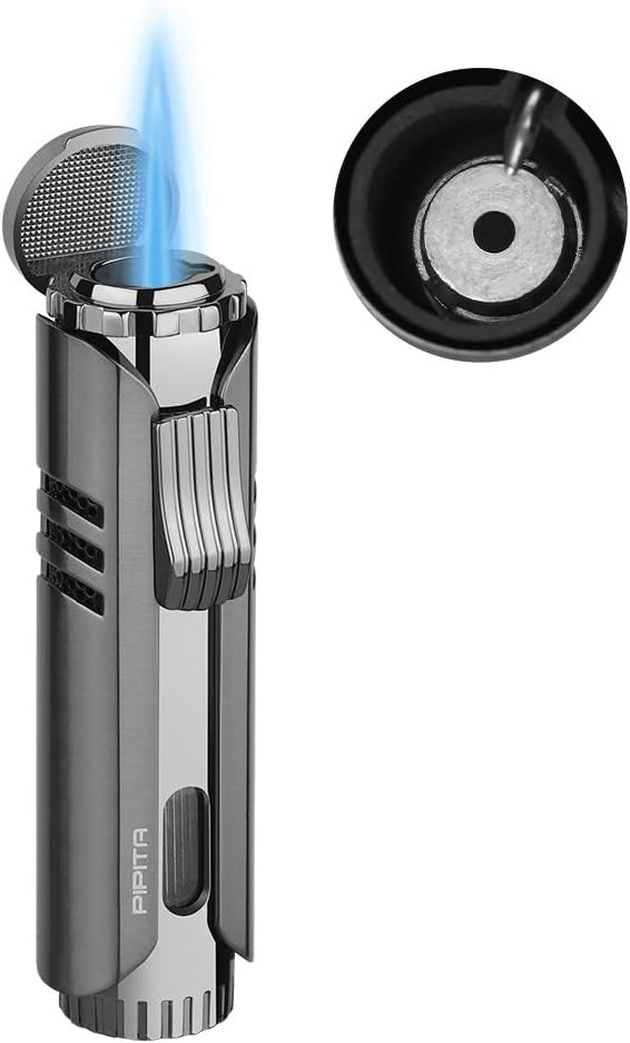 PIPITA Torch Windproof Butane Gas Lighter - Jet Single Flame Metal Lighter, Adjustable Flame, Refillable Fuel (Black)