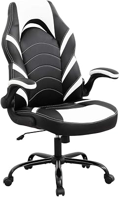 Gaming Chair Racing Office Chair PC Computer Chair with Lumbar Support Flip-up Arms E-Sport PU Leather Task Chair Rolling Swivel Desk Chair for MenWhite