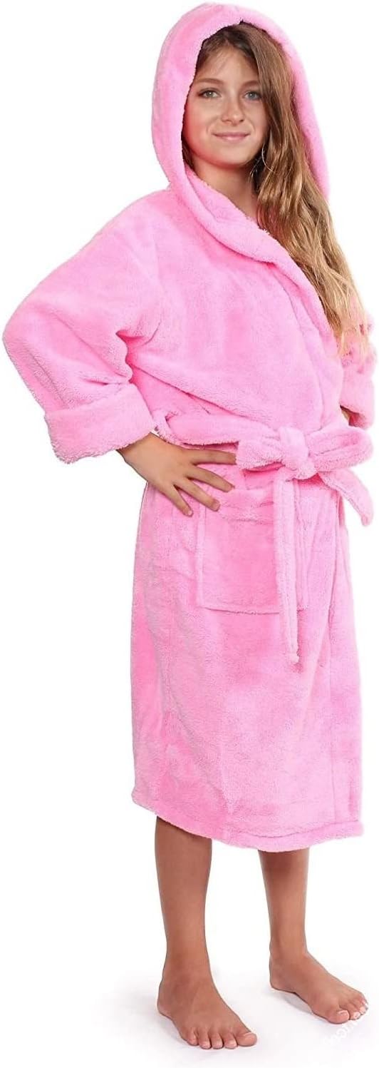 FTB Embroideried Custom Kids & Youth Microfiber Fleece Hooded Soft Robe (Pink, Small)
