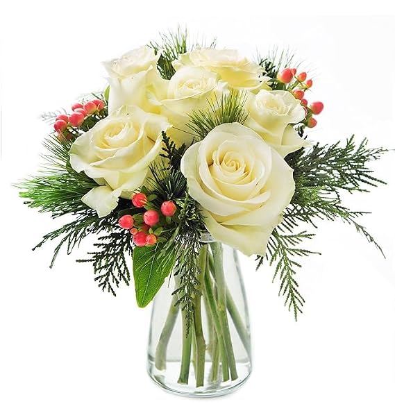 KaBloom - Noel White Roses Accented with Red Berries and Seasonal Greens with Vase.Gift for Birthday, Sympathy, Anniversary, Thank You, Valentine, Mothers Day Fresh Flowers