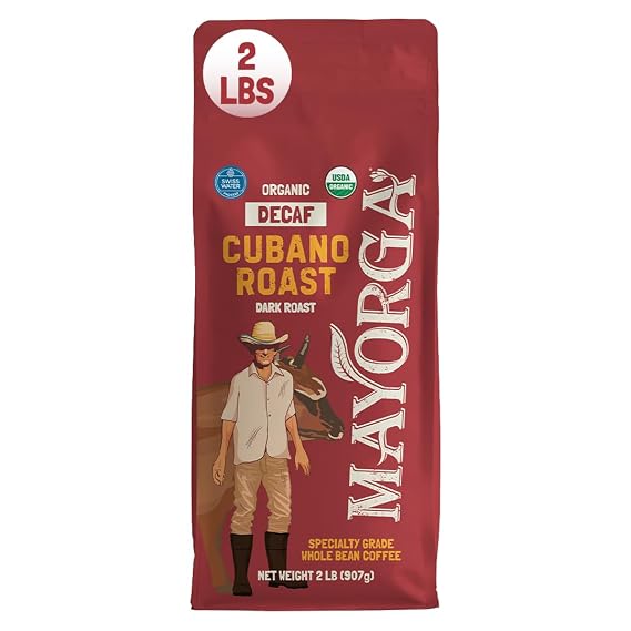 Mayorga Decaf Coffee 2lb Bag Dark Roast Organic Swiss Water Decaffeinated Cubano Roast Coffee - 100% Arabica Whole Coffee Beans - Smoothest Organic CoffeeSpecialty Grade, Non-GMO, Direct Trade