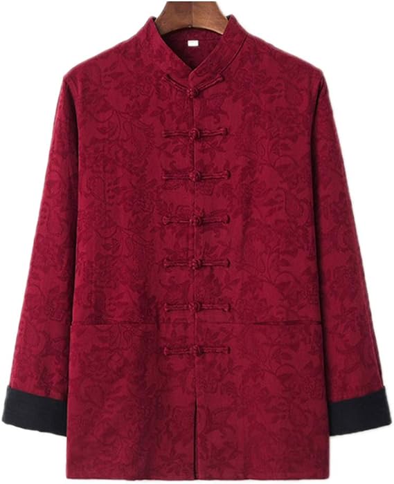 Jacquard Kung Fu Jacket, Cotton Linen Tai Chi Uniform Men Chinese Clothes Wing Chun Clothes red-L
