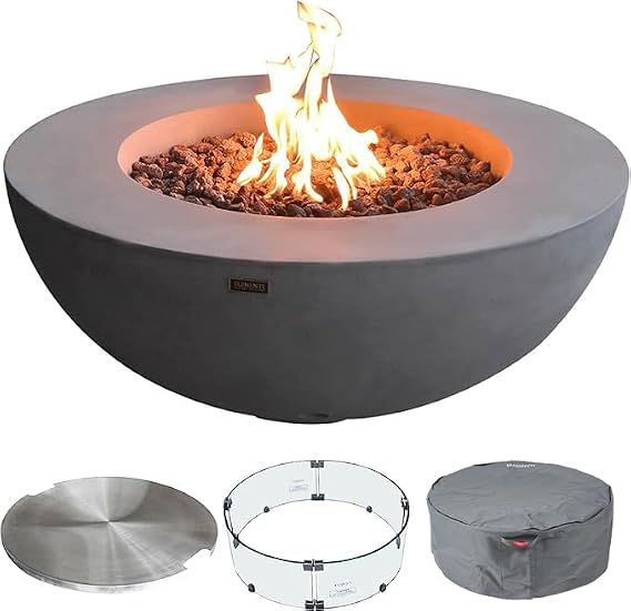 Elementi Lunar Bowl Fire Pit Bundle Outdoor Firepit Set Includes 42 Propane Concrete Firepit Bowl, Glass Windscreen, Stainless Steel Cover, Canvas Cover, Lava Rocks