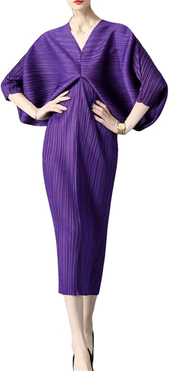 Vsadsau Pleated V Neck Dress for Women Batwing Sleeve Loose Medium Long Dress Solid Colid Slimming Dress