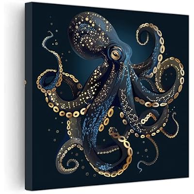 PBXBJY Octopus Canvas Wall Art Sea Life Picture Abstract Blue Gold Octopus Painting Prints Ocean Nautical Posters Artwork for Living Room Frame Red, 16.00 x 16.00