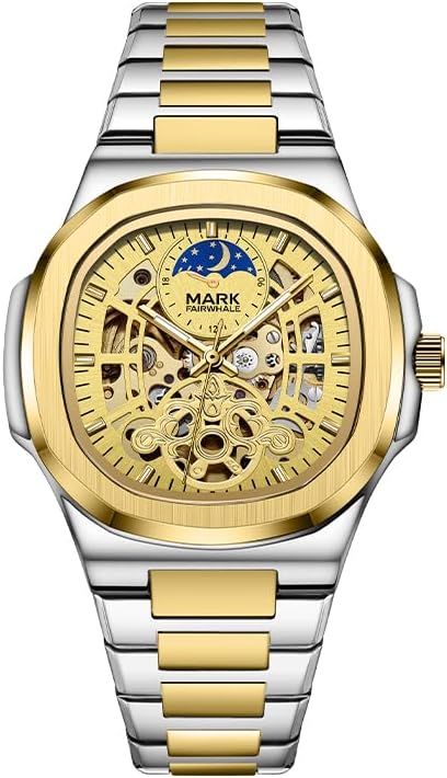Automatic Watch Men Fashion Moon Phase Dial Butterfly Ring Watch Stainless Steel Waterproof Skeleton Mechanical Watch Men, gold, Fashion