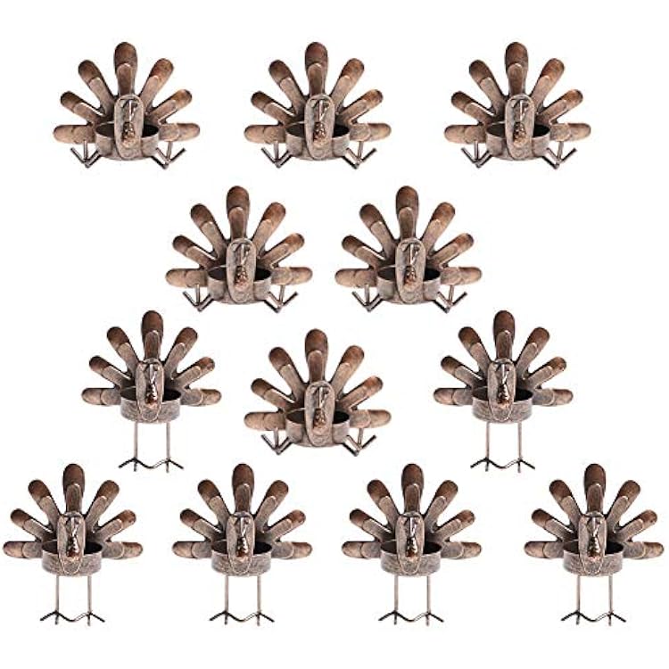 MorTime 12 Pack Turkey Tealight Candle Holders, Bronze Finished Metal Tea Light Candleholders, Thanksgiving Sitting Standing Turkey Holders Set for Table Kitchen Thanksgiving Decorations