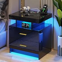 Night Stand Set of 2 with RGB Lights, LED Nightstand with Charging Station, Modern Bedside Table with 2 Drawers, Smart Lighted Nightstand, High Gloss End Table Bed Side Table, White