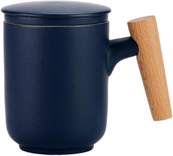 Ceramic Tea Cup with Tea Strainer and Lid, 300 ml Tea Mug with Wooden Handle, Matte Surface, Ceramic Cup, Loose Tea Mug, Gift (Dark Blue)