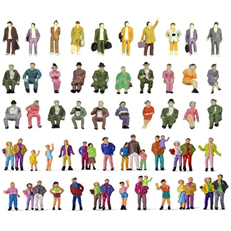 Hiawbon 50 Pcs 1:87 HO Scale People Figurines Set - Tiny Sitting and Standing Delicate Hand Painted Model Train Park Street Figures for Miniature Scenes
