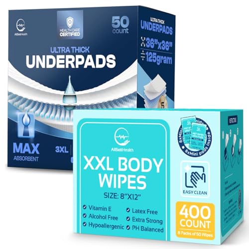 AllSett Health Body Wipes and Incontinence Bed Pads Bundle - 400 Count Body Wipes 8 x 12 with Aloe Vera & Vitamin E  Pack of 50 36 x 36 Disposable Bed Pads for Adults, Elderly and Pets