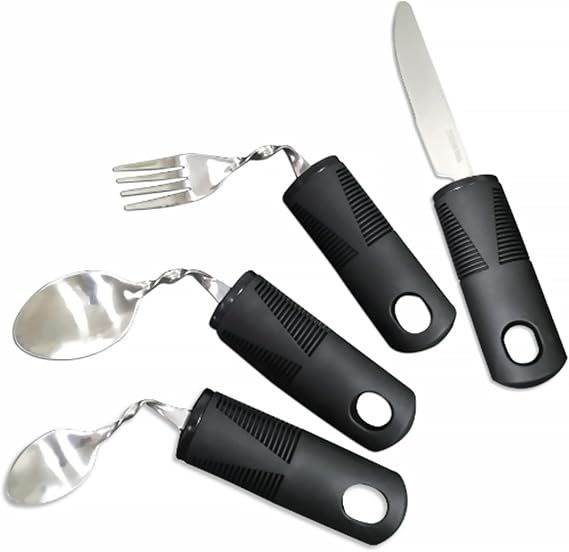 Cutlery Dining Aid – Easy Grip Ergonomic 4-Piece Black Set for Tremors | Stainless steel & non-slip silicone, ergonomic design for stable eating, for elderly, Parkinson's & tremor sufferers.
