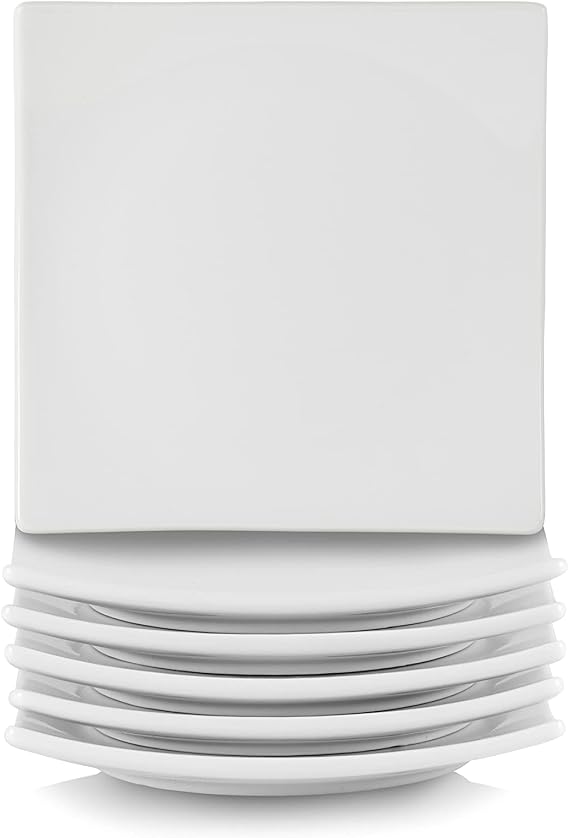 10 Strawberry Street Simply White Ceramic 6 Inch Square Coupe Appetizer Plates, Set of 6 - Modern Serving, Tapas and Snack Plates for Everyday Use, Microwave, Dishwasher and Oven Safe
