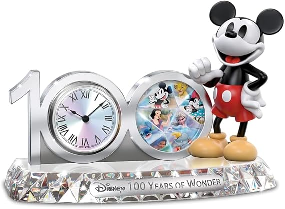 The Bradford Exchange Mickey Mouse 100 Years of Wonder Clock Mickey Mouse Commemorative Clock Collectible Precision Quartz Movement Electroplated Finish and Faceted Crystalline Base 10-Inches