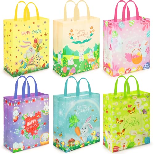 AhfuLife Large Easter Gift Bags with Handles, 6 Pcs Easter Egg Hunt Bags for Kids, Reusable Non-woven Rabbit Bunny Bag for Egg Hunt Party Supplies Decorations,14.9 x 11.8 x 5.9