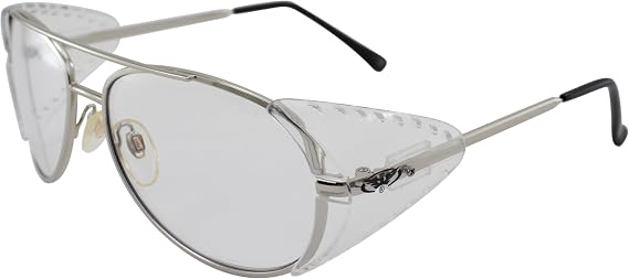 Global Vision Aviators Safety Glasses Clear UV400 Polycarbonate Lens Gloss Silver Metal Frame with Side Shields and Black Tips for Industrial Applications ANSI Z87.1 Standards