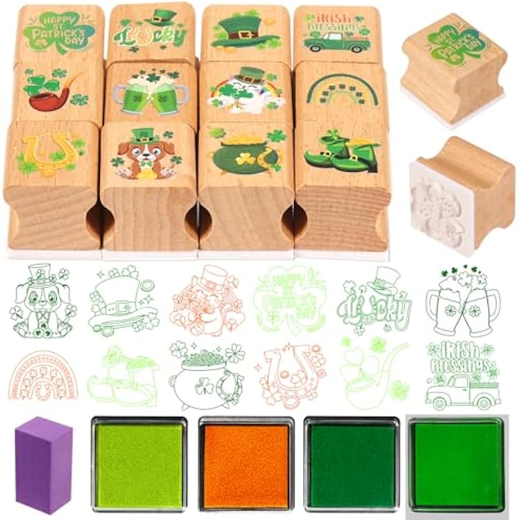 HOWAF 12pcs St. Patricks Day Stamps Crafts St. Patricks Day Lucky Clover Shamrock Wooden Stamps Ink Pads Set, Irish Green Party Card DIY Painting Scrapbooking Spring Crafts Gifts Activities