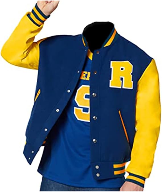 Mens Blue & Yellow Bomber Jacket | Varsity Jacket KJ - R Logo College Letterman Jacket Slimfit Casual Baseball Jacket