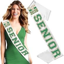 Senior Sash 2026 - Green with Gold Outline Class of 2026 Senior White Premium Satin Sash - Graduation Party Decorations and Gifts - WhiteSash(ClsOf26 GLD/GRN) Wht