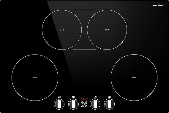 30 Inch Induction Cooktop 7800W, Weceleh 10 Levels Electric Cooktop with 4 BOOST Burners, Bulid-in Induction Stove Top, Bridge-Sync, Safety Lock, Timer, Knob Control, No Plug, 220-240V