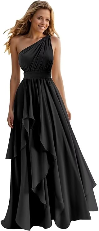 A Line One Shoulder Bridesmaid Dresses for Wedding Ruffles Chiffon Long Formal Evening Party Gowns with Pockets Black