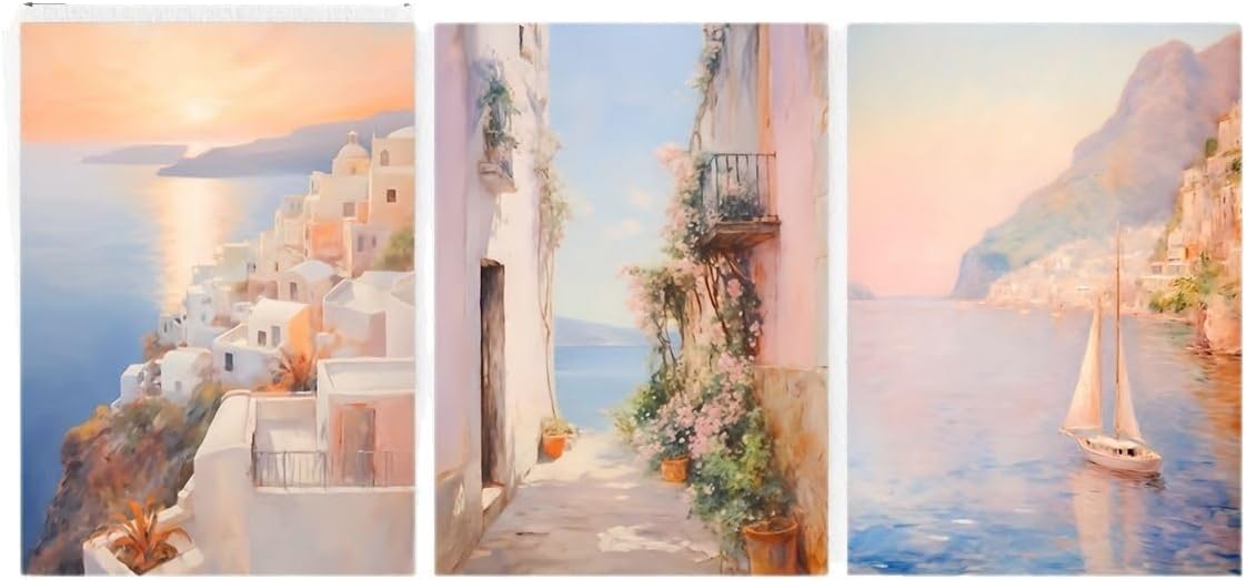 Sunset Island Mural, Voyages Uncharted Poster, Room Decor Posters, Les Barques Old Painting Art Print Poster Wall Decor, Friends Poster, Stockholm Style Room Decor 3pcs Frameless (21x30cm,pink)