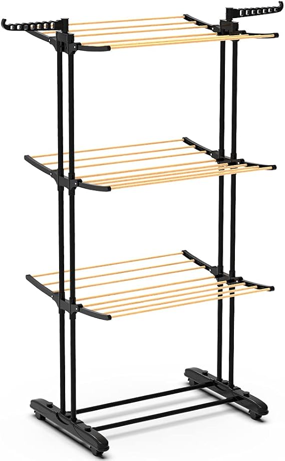 VOUNOT® Airer Clothes Drying Rack, 3-Tier Foldable Clothes Hanger Adjustable Large Stainless Steel Garment Laundry Racks for Indoor Outdoor, Wood Look