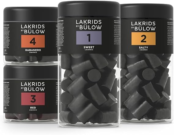 LAKRIDS BY BÜLOW – Sweet (No. 1), Salty (No. 2), Red (No. 3) and Habanero (No. 4) – 1020g – Vegan Gourmet Liquorice from Denmark – Gluten-Free & Gelatine-Free – Tin made from 100% Recycled PET
