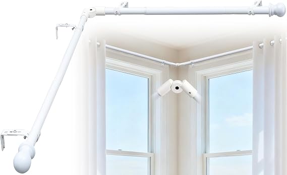 Corner Curtain Rod for Windows, 29"-68" Adjustabel L Shaped White Curtain Rods with Brackets & 180 Rotating Connector, 1 inch Heavy Duty Telescoping Drapery Rod for Living Room Bedroom