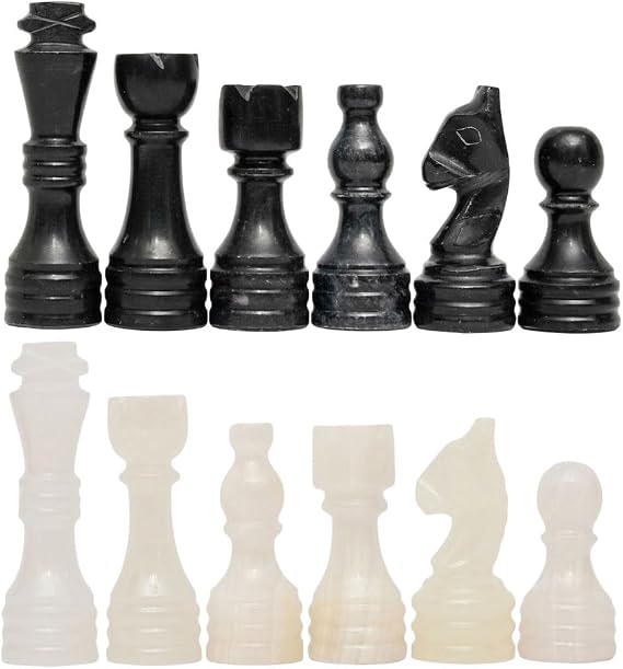 Handcrafted Premium Marble Chess Pieces Set Elegant 32-Piece Replacement for 12-15 Inch Chess Boards Storage Box (Black and Onyx)
