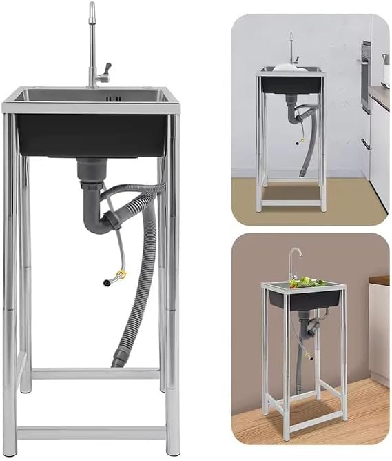 Utility Sink Freestanding Stainless Steel Sink with Cold and Hot Water Pipe(68x45x75cm)