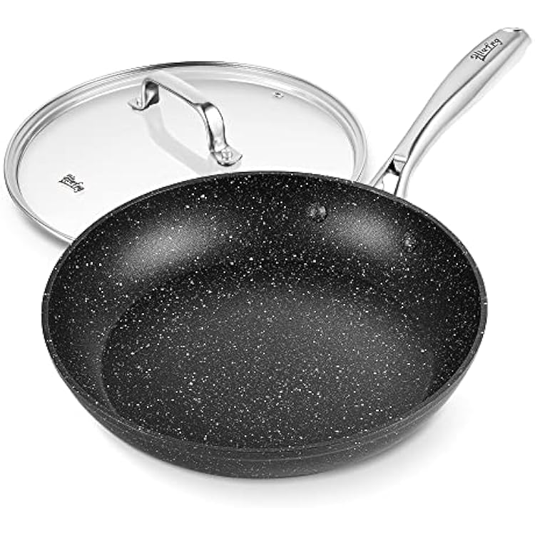 10 Inch Nonstick Frying Pan with Lid,Black Marble Cookware, Stone-Derived Coating, Non Toxic APEO & PFOA Free, with Heat-Resistant Handle,Oven Safe and Suitable for All Stove