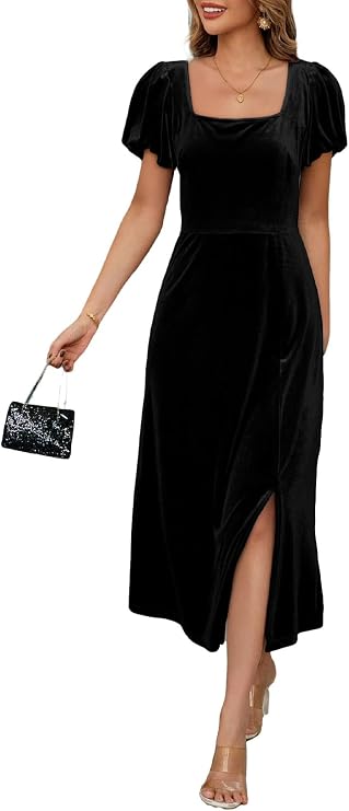 BLENCOT Women's Casual Fall Short Sleeve Square Neck Midi Dress Side Slit Velvet Wedding Guest Flowy Party Dresses