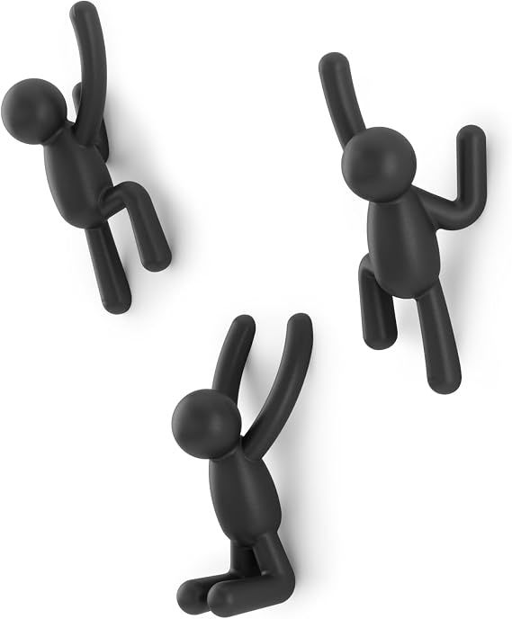 Umbra Buddy Wall Hooks Decorative Wall Mounted Coat Hooks for Hanging Coats, Scarves, Bags, Purses, Backpacks, Towels and More, Set of 3, Black