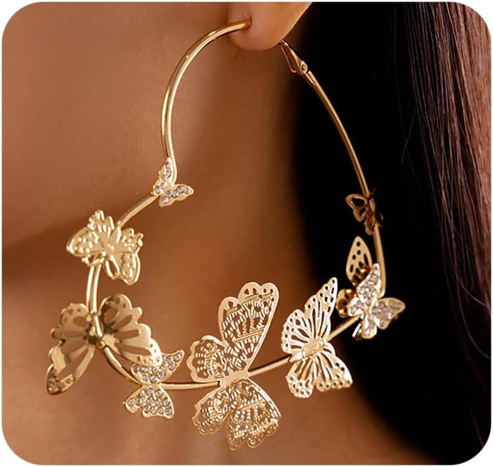 Gold Butterfly Hoop Earrings for Women,Aesthetic Hollow Butterfly Large Loop Earrings Charm Huggie Earrings,Unique Insect Jewelry Accessories Gifts