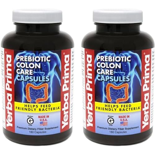 Yerba Prima Prebiotic Colon Care Capsules Dietary Fiber, 180 Count, Pack of 2 - Five Forms of Fiber Plus FOS Prebiotics Supplement - Soluble & Insoluble for Regularity & Digestive Support