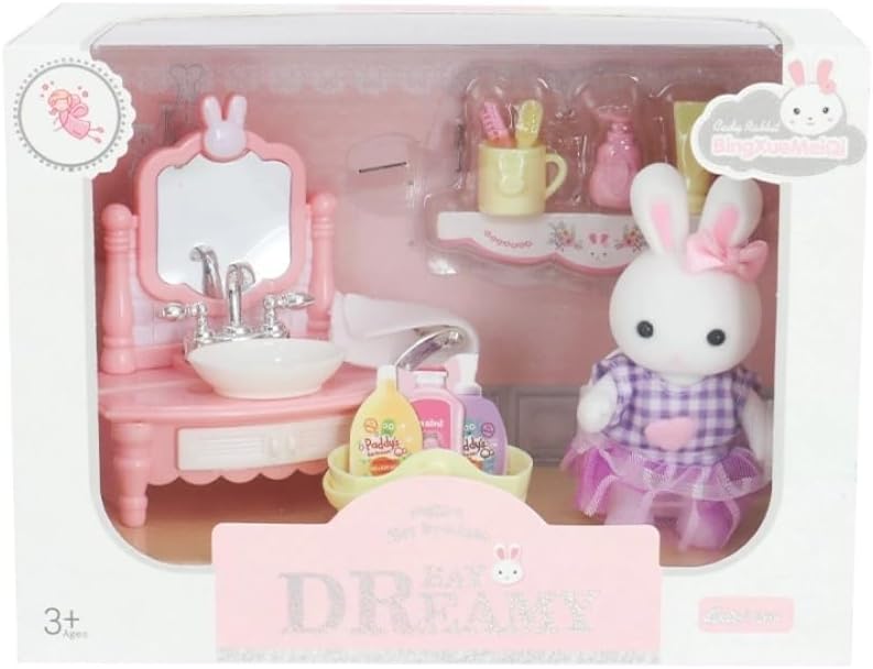 Mega Oyuncak 6621 5 Bay Dream Mini Tavşan Lavabo Seti Oyuncak Figür Banyo Aksesuarları 3 Yaş Üzeri