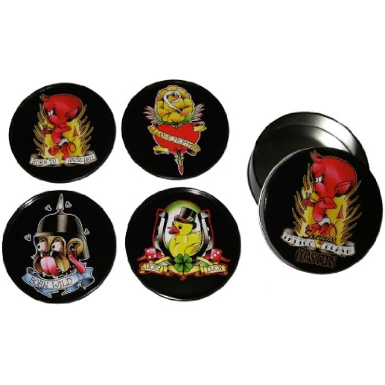 Tattoo Flash Cartoon Coasters from Sourpuss Clothing Set of 4 in Metal Tin