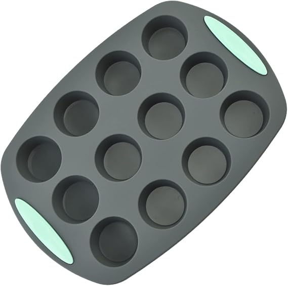 Silicone Muffin Pan 12 Cups Mini Size, Non-stick and Easy Pop Out Muffin Tin, Good Grip Perfect Result Cupcake Baking Tray, Egg Tart Bite Mini Pie Molds, Grey