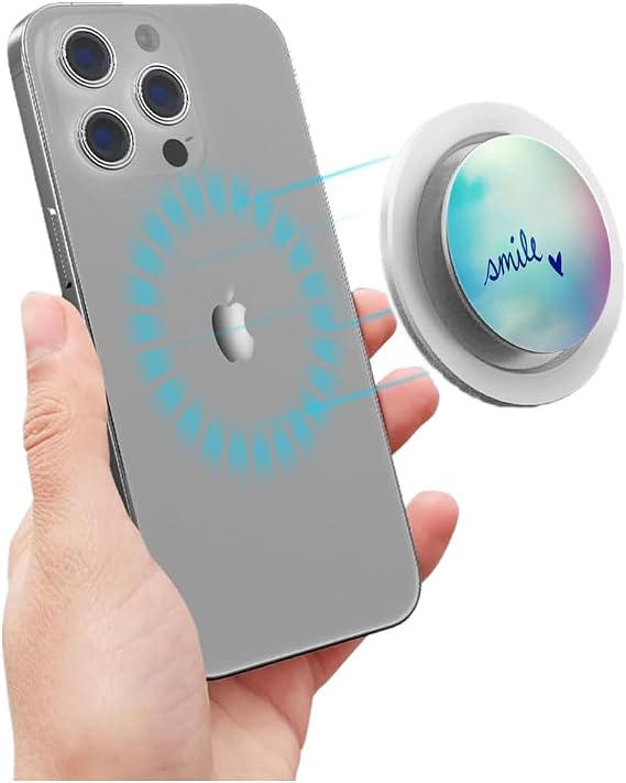 Foldable Magnetic Phone Stand with Grip - Strongest Magnet, Compatible with MagSafe Includes Metal Adapter Ring & Holder - Blue Sky Smile