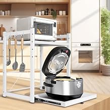 2-Tier Height Adjustable & Extendable Microwave Rack, Carbon Steel Kitchen Shelf with Drawer, Hooks & Reinforcement Suction Cups, Tool-Free Easy Assembly