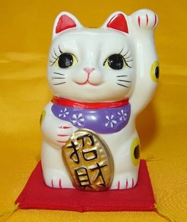 Feng Shui Import White Japanese Pottery Maneki Neko Beckoning Money Good Fortune Lucky Cat White Japanese Pottery Maneki Neko Beckoning Money Good Fortune Lucky Cat with Left Hand Up