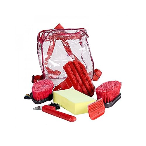 Horze Backpack Easy-Carry Horse Grooming Set with Six Soft Grip Grooming Tools - Red - One Size