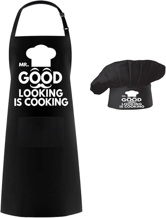Hyzrz Chef Apron Hat Set,Adjustable Chef Hat and Apron Baker Costume with Pocket for Kitchen Grill BBQ Fathers Mothers Gift