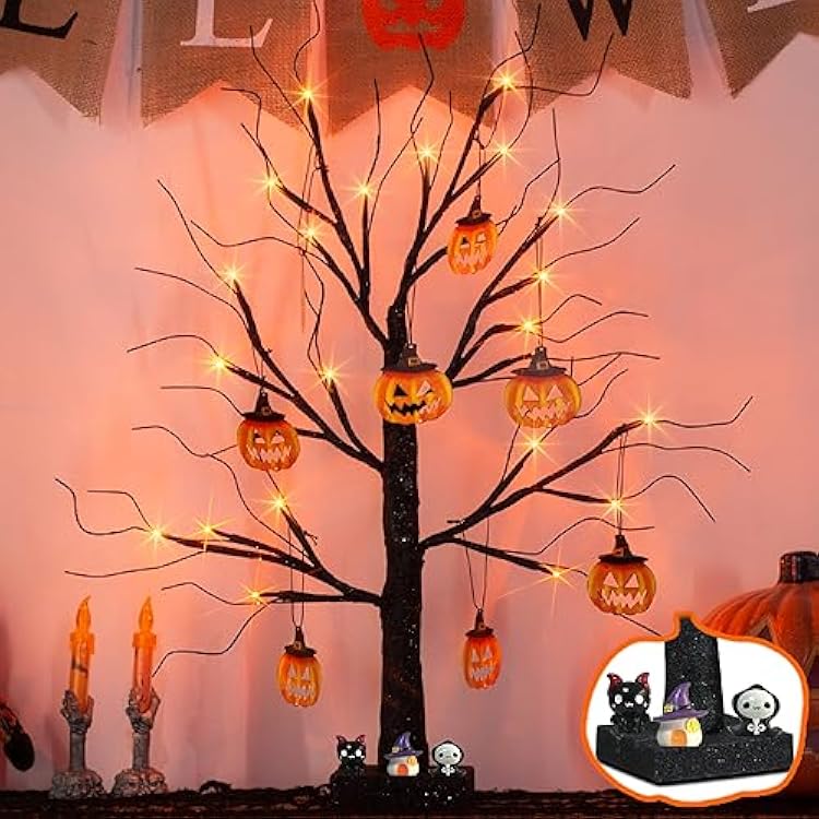 EAMBRITE Halloween Tree, 2FT Black Spooky Tree with 24 LED Orange Lights 8 Pumpkin, Battery Operated Small Tabletop Black Trees with Timer for Indoor Centerpiece Decorations Christmas Home Fireplace